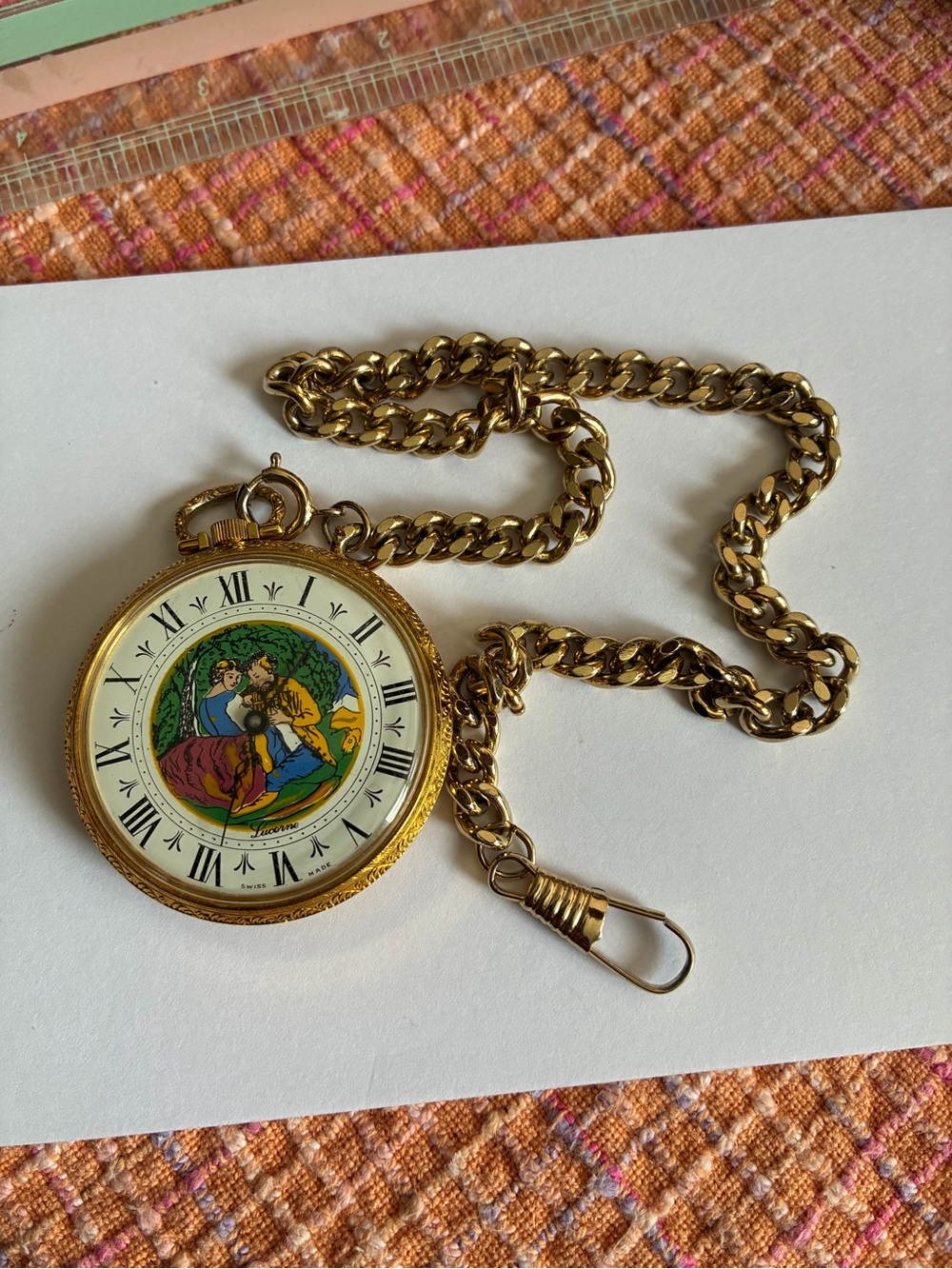 Gold tone Lucerne Pocket Watch with Chain - for parts - not running